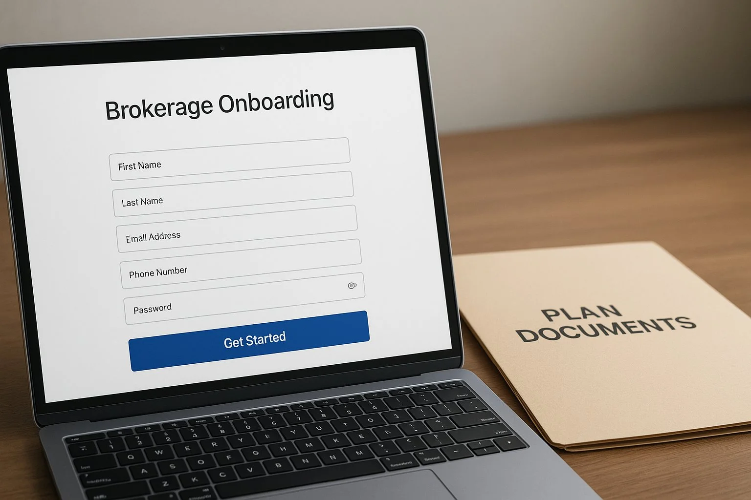 Laptop screen displaying a brokerage onboarding form with a folder labeled plan documents beside it.