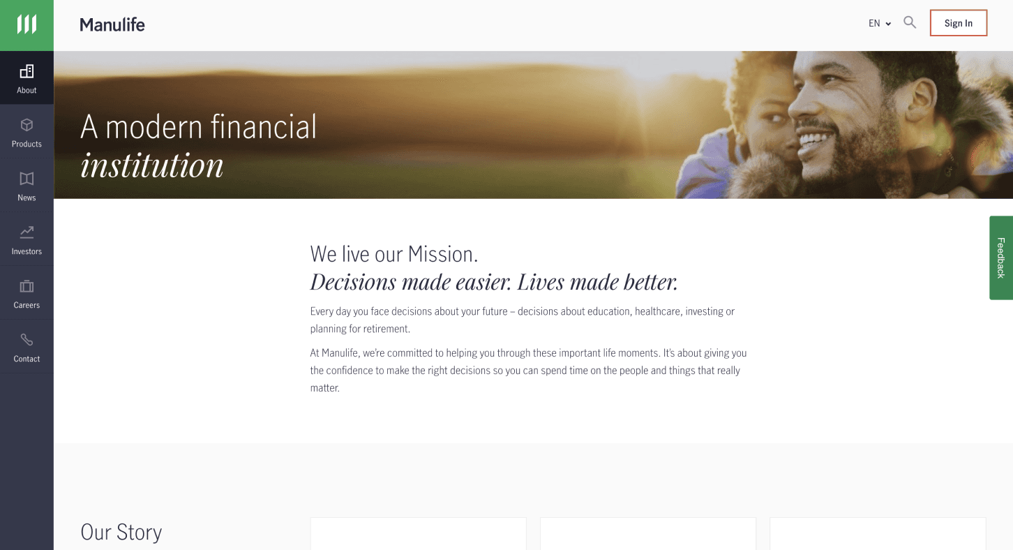 Manulife.com about page hero banner and mission
