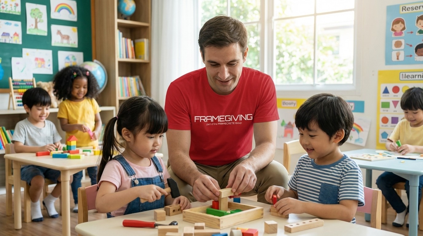 a young boy sitting in a chair being held by an adult