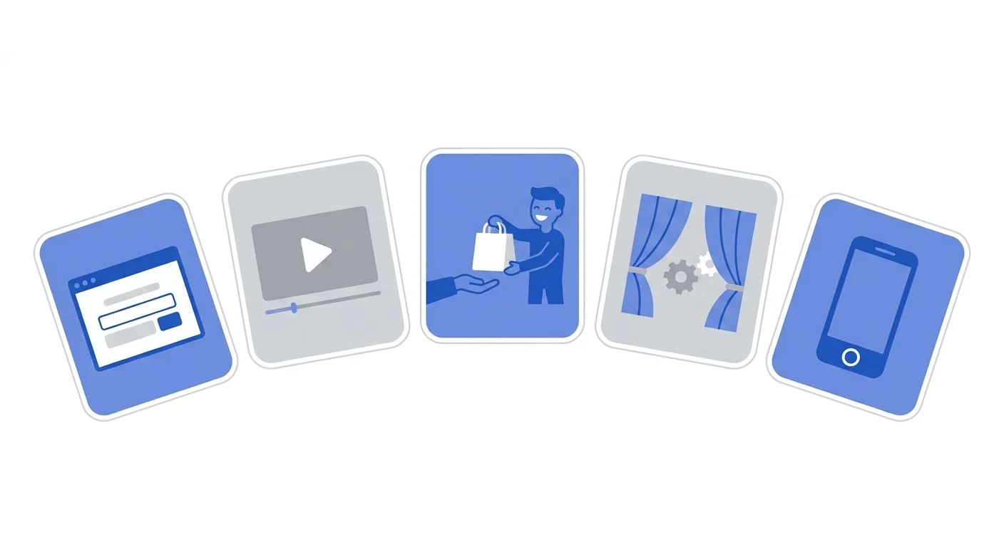 Illustration of five MVP types: a landing page, an explainer video, a concierge service, a Wizard of Oz test, and a single-feature app