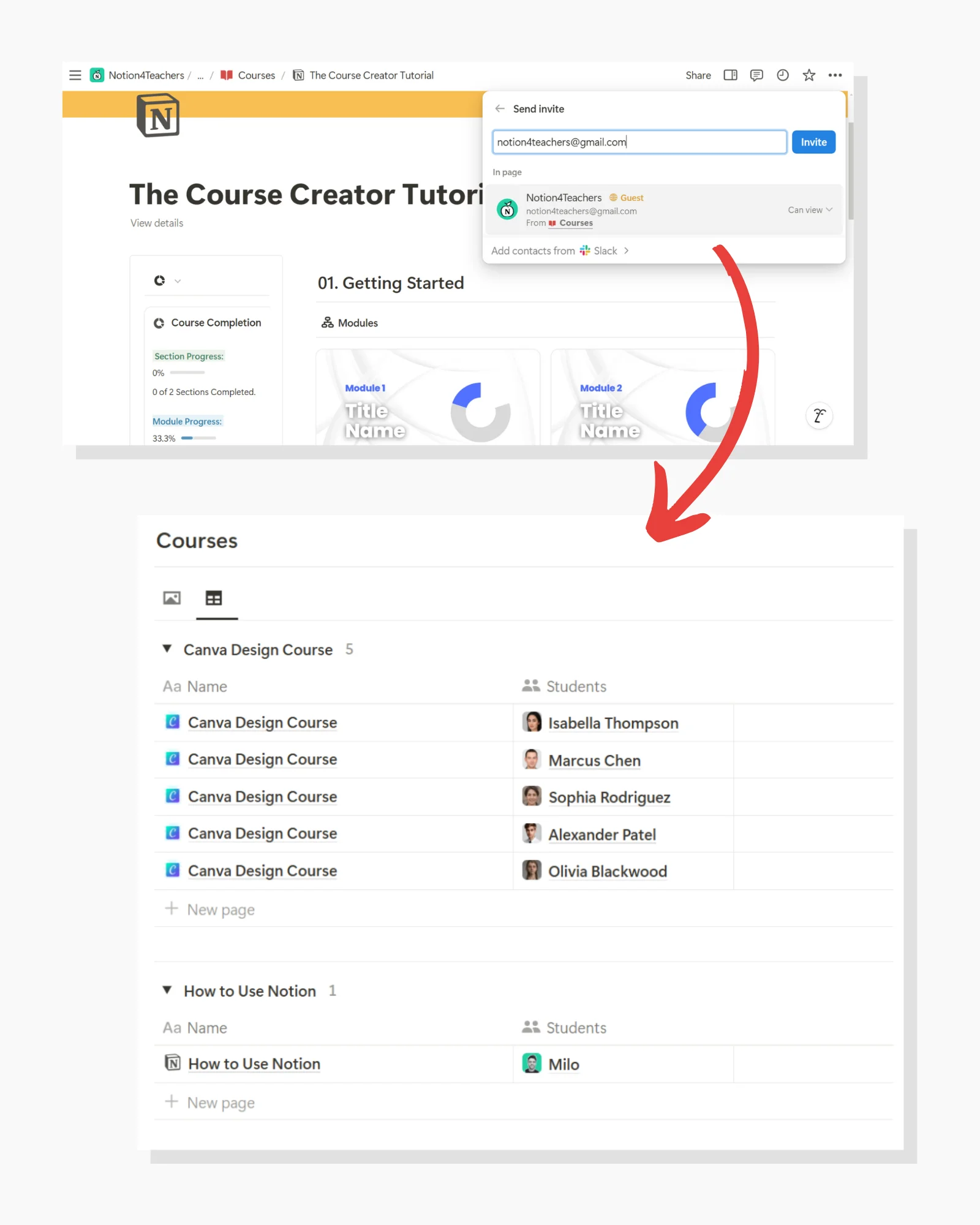 inviting students to Course Creator Notion Template