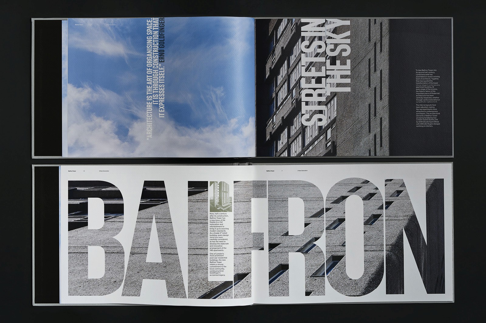The image shows two open pages of a modern architecture magazine with large, bold typography reading "BALFRON" and "STREETS IN THE SKY," featuring a mix of high-rise building imagery and bright blue sky with scattered clouds.