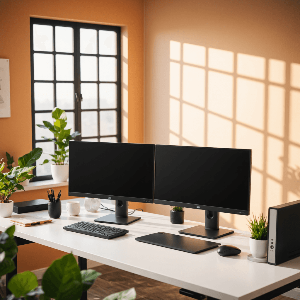 product photography of PC set with dual monitors