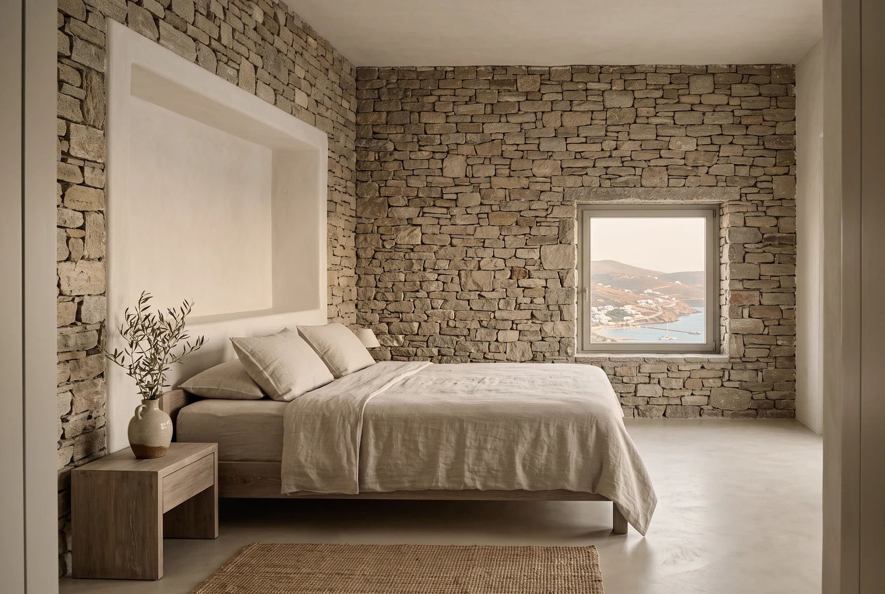 Stone suite with a linen bed and a small sea window