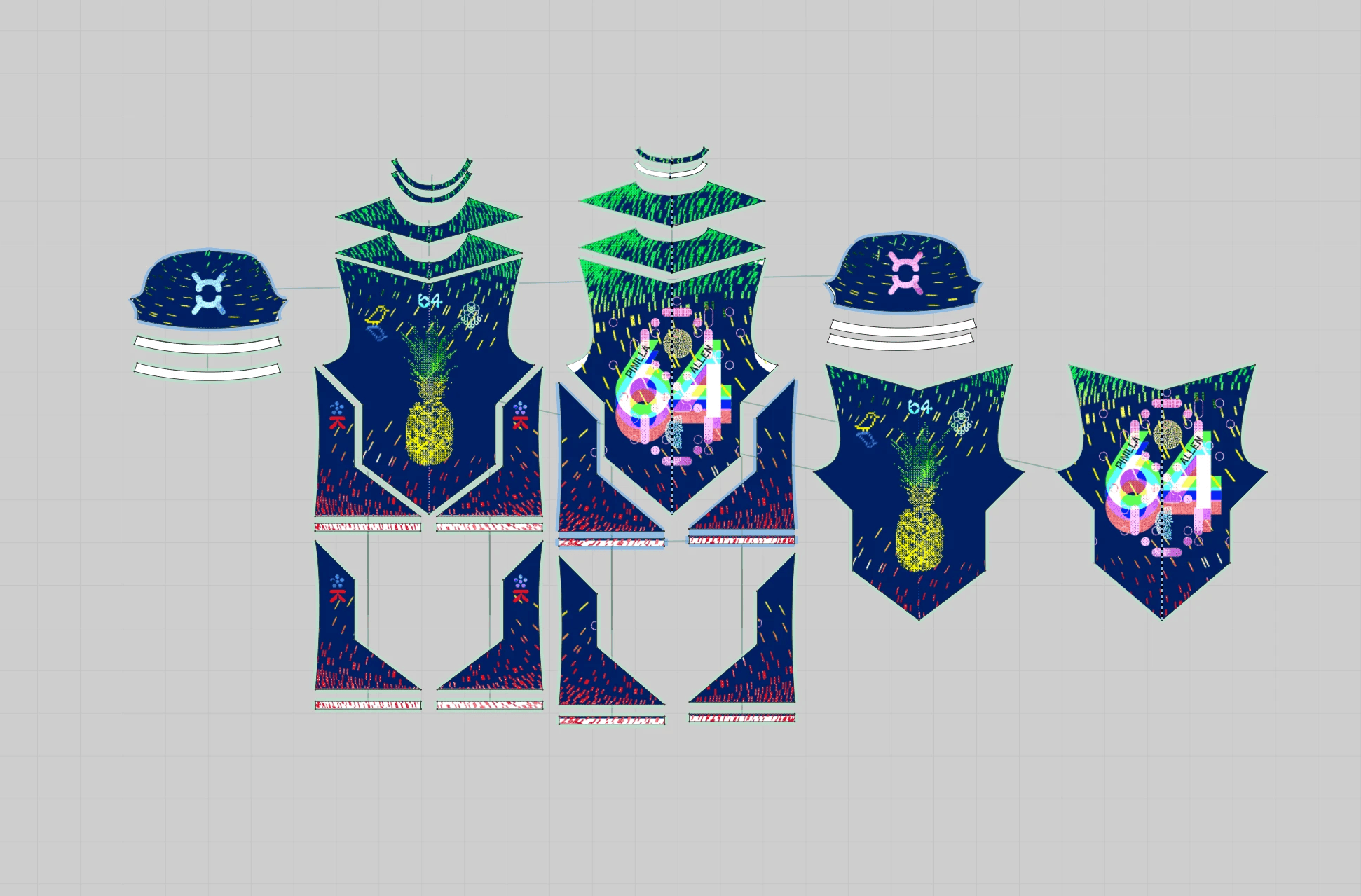 Digital fashion design flat layout showing all garment pattern pieces for the Pinilla Allen number 04 navy blue jersey including front back and sleeve panels with pixel pineapple graphic colorful confetti print and matching bucket hat components displayed in CLO3D garment software
