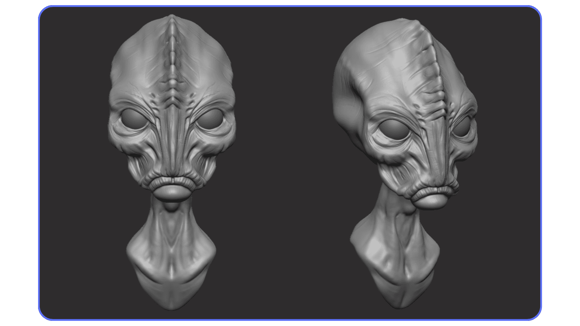 Two grayscale alien head sculpts in ZBrush showcasing detailed organic modeling, an example of high-poly work that requires stable system memory.