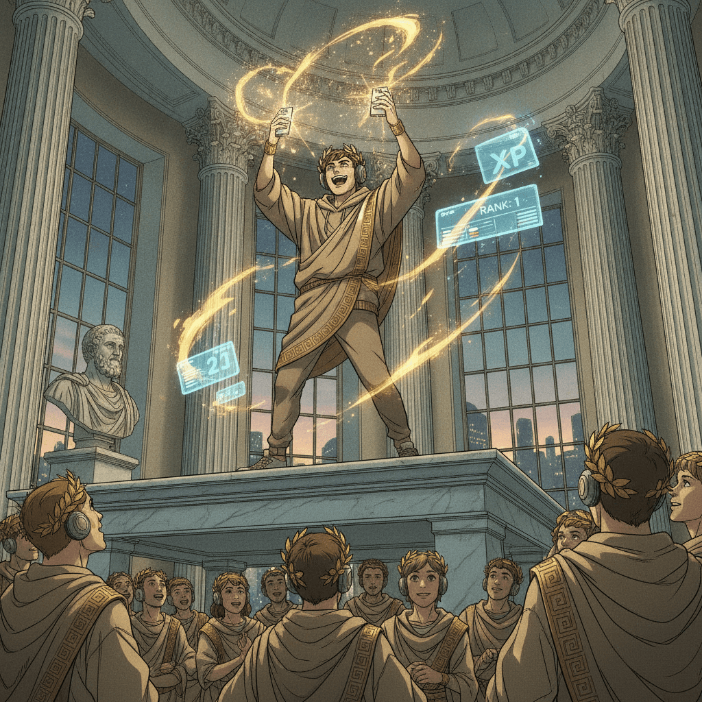 Triumphant student standing on a marble desk holding a smartphone erupting with golden sparks while XP and leaderboard counters glow above classmates cheering in awe