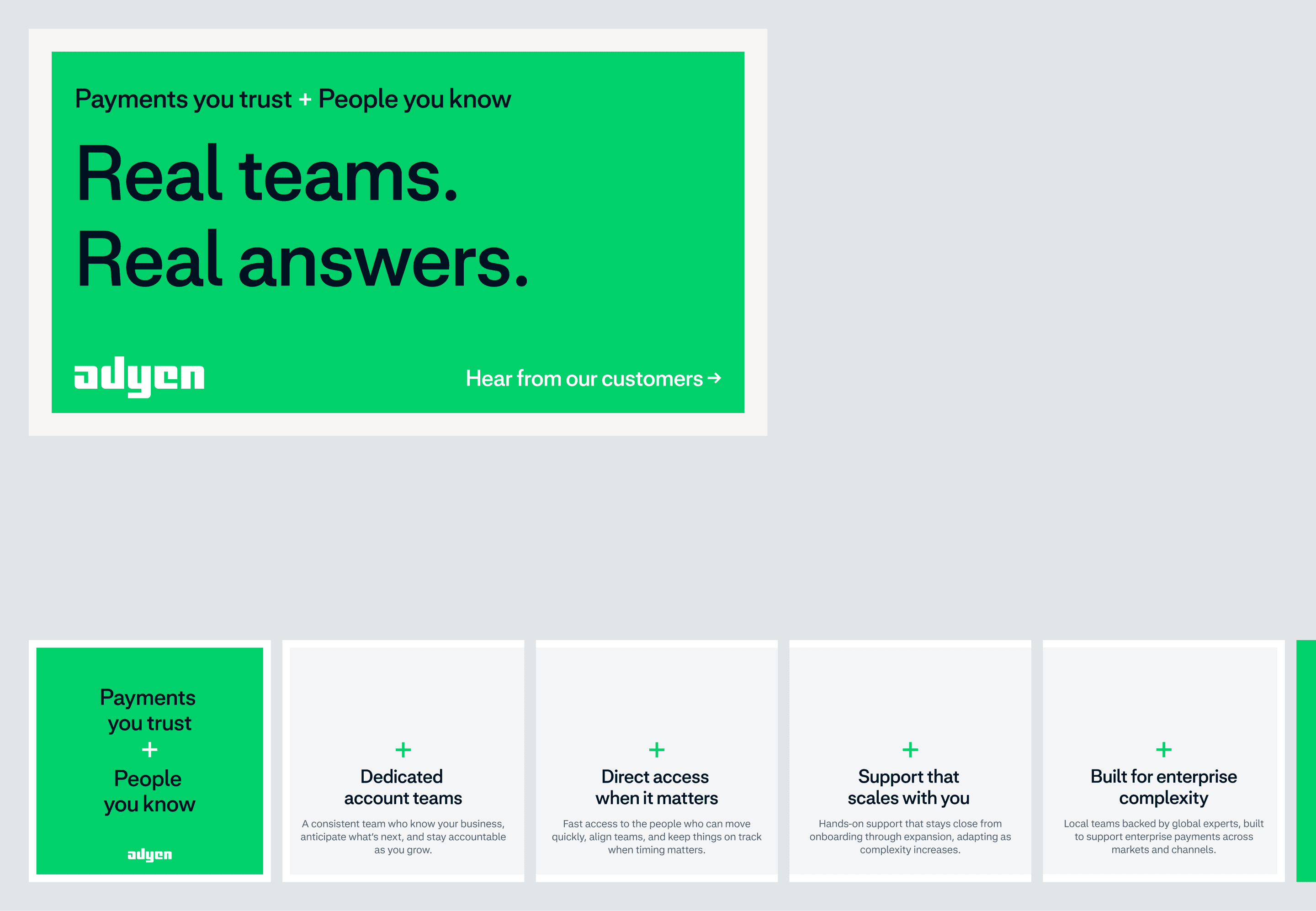 A quiet nod to where Adyen comes from. Mercator, designed by Dick Dooijes in the 1950s, was Amsterdam's answer to Helvetica — clean, rational, local. It became the starting point for the Latin foundation of Adyen Sans.