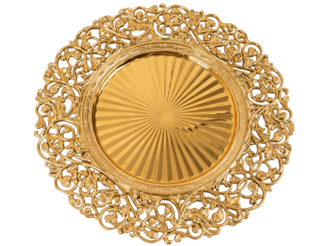 Image of a gold charger plate. The outer border of the plate is in a floral pattern.