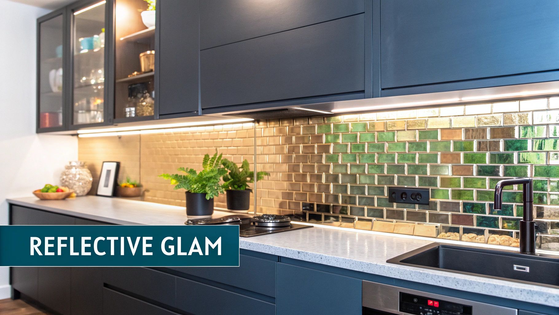 Modern kitchen featuring dark blue cabinets, a white countertop, and an iridescent metallic tile backsplash.