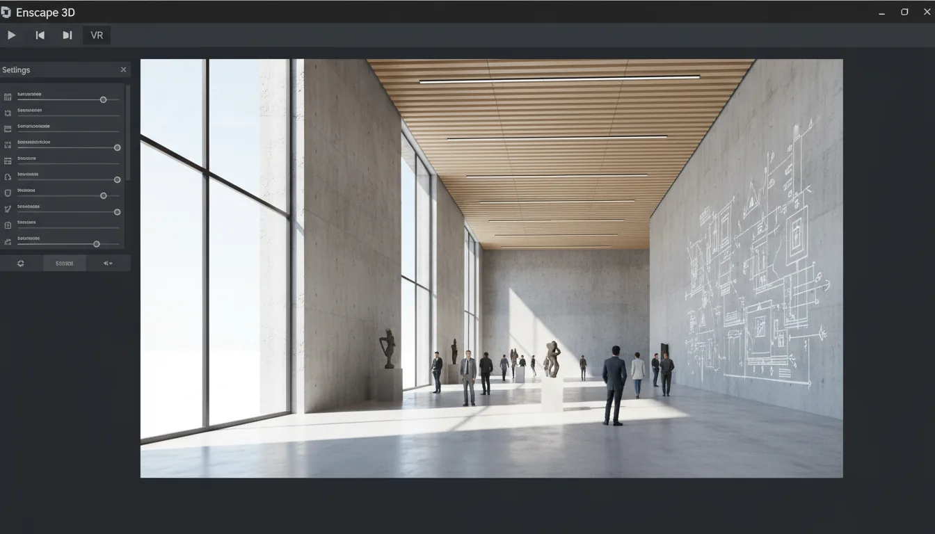 A screenshot of the Enscape 3D architectural rendering software interface, featuring a modern dark mode UI. The main viewport shows a photorealistic 3D render of a modern museum interior with concrete walls, light wood ceilings, and large floor-to-ceiling glass windows. Bright natural daylight illuminates the scene, casting reflections on the glass. A floating settings panel on the left displays abstracted text lines, sliders, and UI elements on a dark background. The scene contains 3D models of people viewing exhibits, and a large, technical sketch-style diagram is drawn on a concrete wall.
