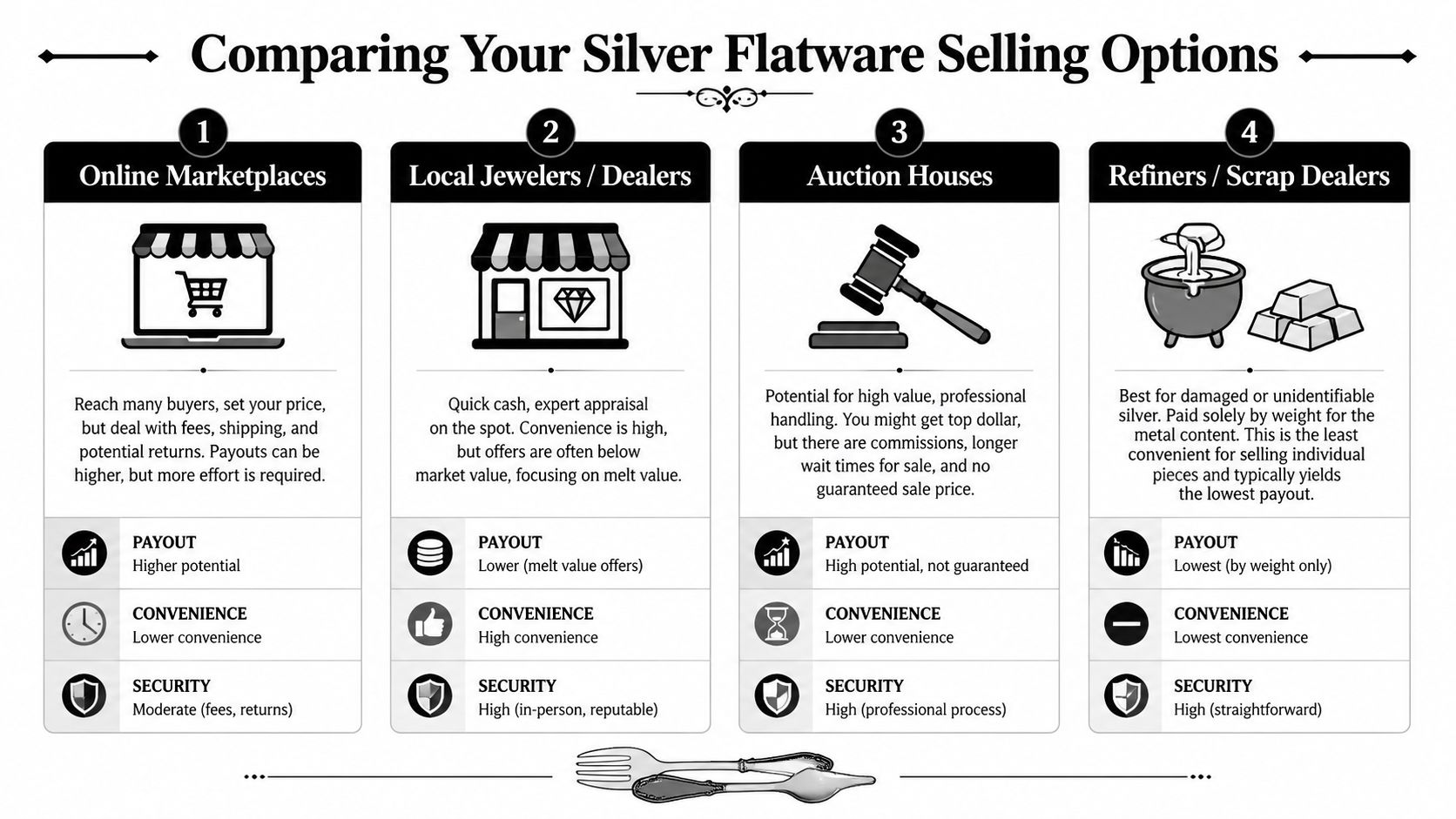 A comparison chart outlining four distinct methods for selling silver flatware, including pros and cons.