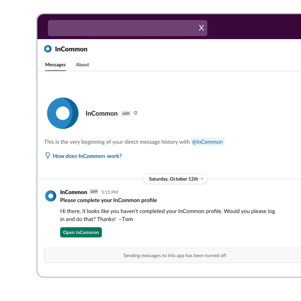 Screenshot of the InCommon app thread in Slack, including a reminder to complete your InCommon profile