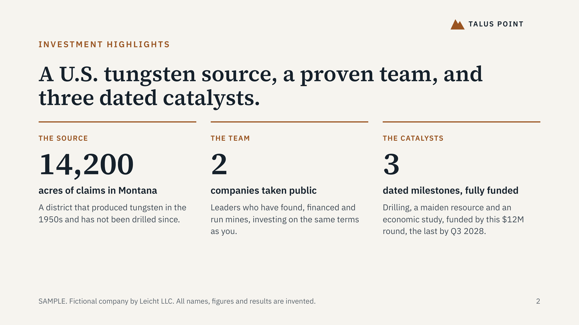 Sample investor deck, investment highlights slide. Fictional company.