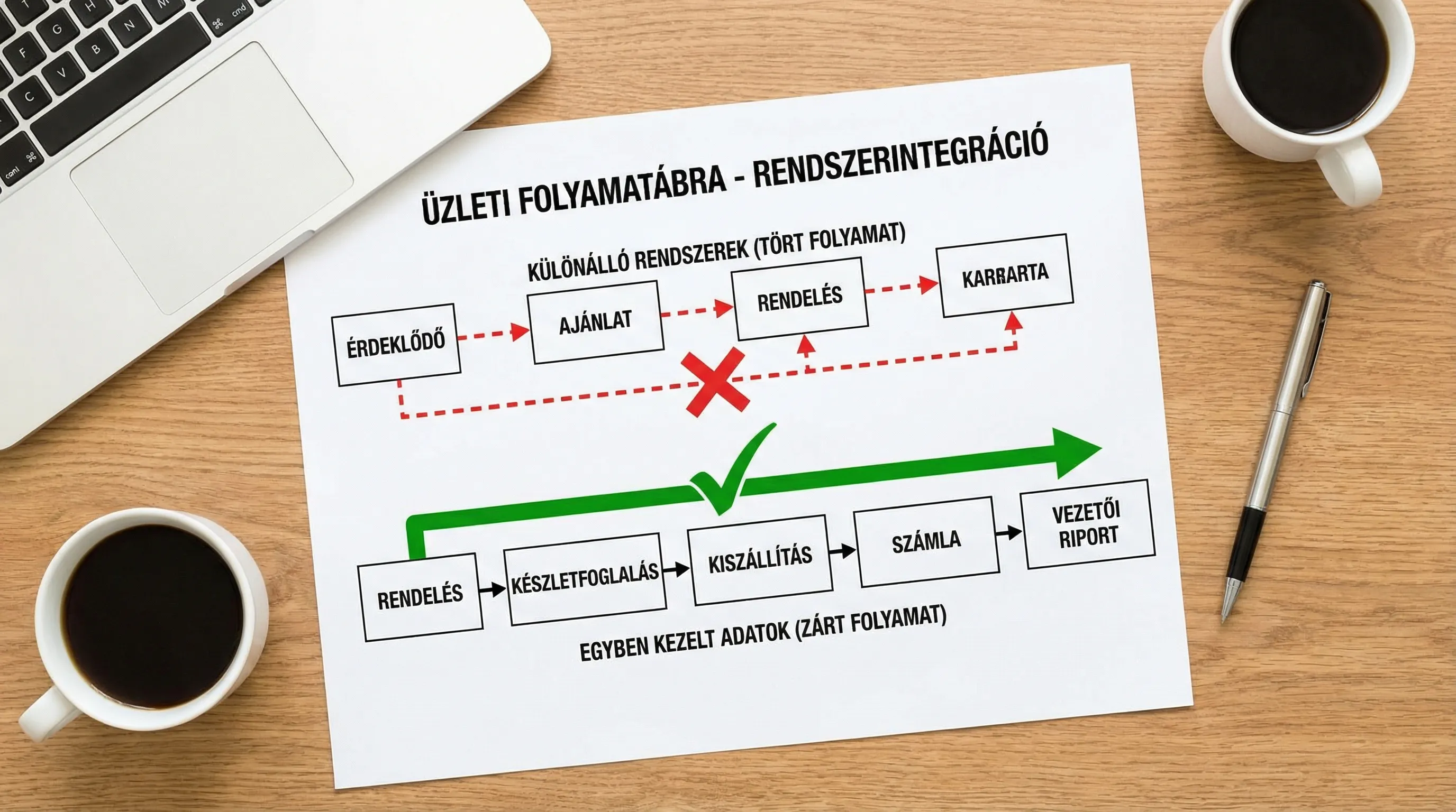 Egyszerű folyamatábra: érdeklődőből ajánlat, rendelés, készletfoglalás, kiszállítás, számla és vezetői riport. A nyilak mutatják, hol törik meg a folyamat különálló rendszereknél, és hol záródik egyben kezelt adatokkal.