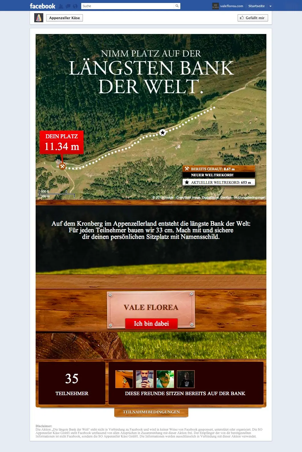Appenzeller, «Die längste Bank der Welt» – Facebook Kampagne, Design, für Contexta, Bern, 2012