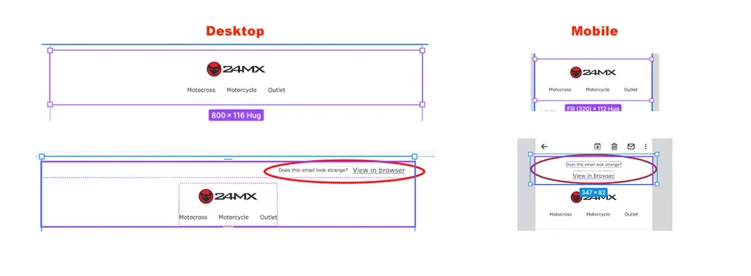 Email header on desktop and mobile with a Does this email look strange? View in browser link