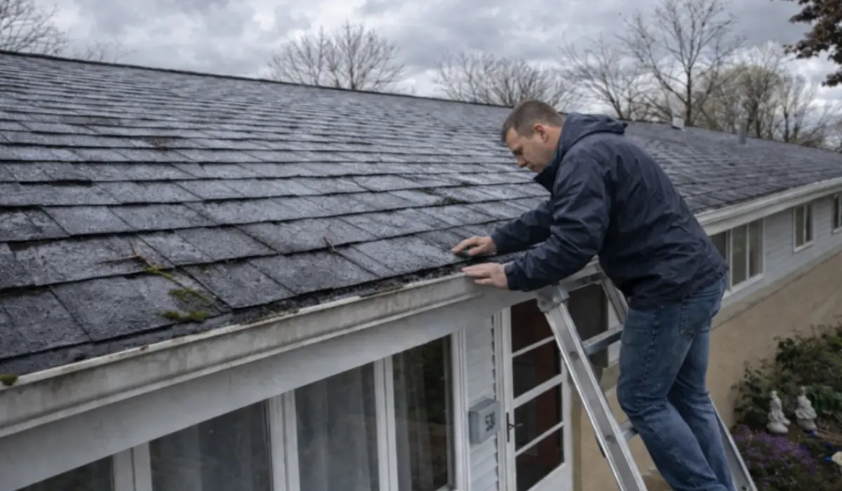 Spring roof prep checklist showing homeowner inspecting moss buildup and shingles before rain damage in Illinois homes.