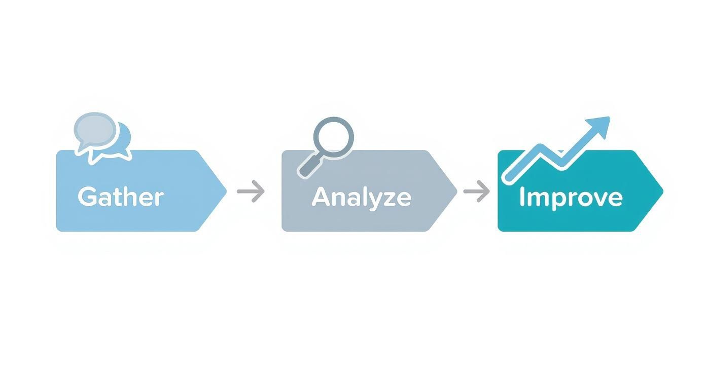 A three-step infographic visualizing the process of measuring guest satisfaction by gathering, analyzing, and improving feedback.