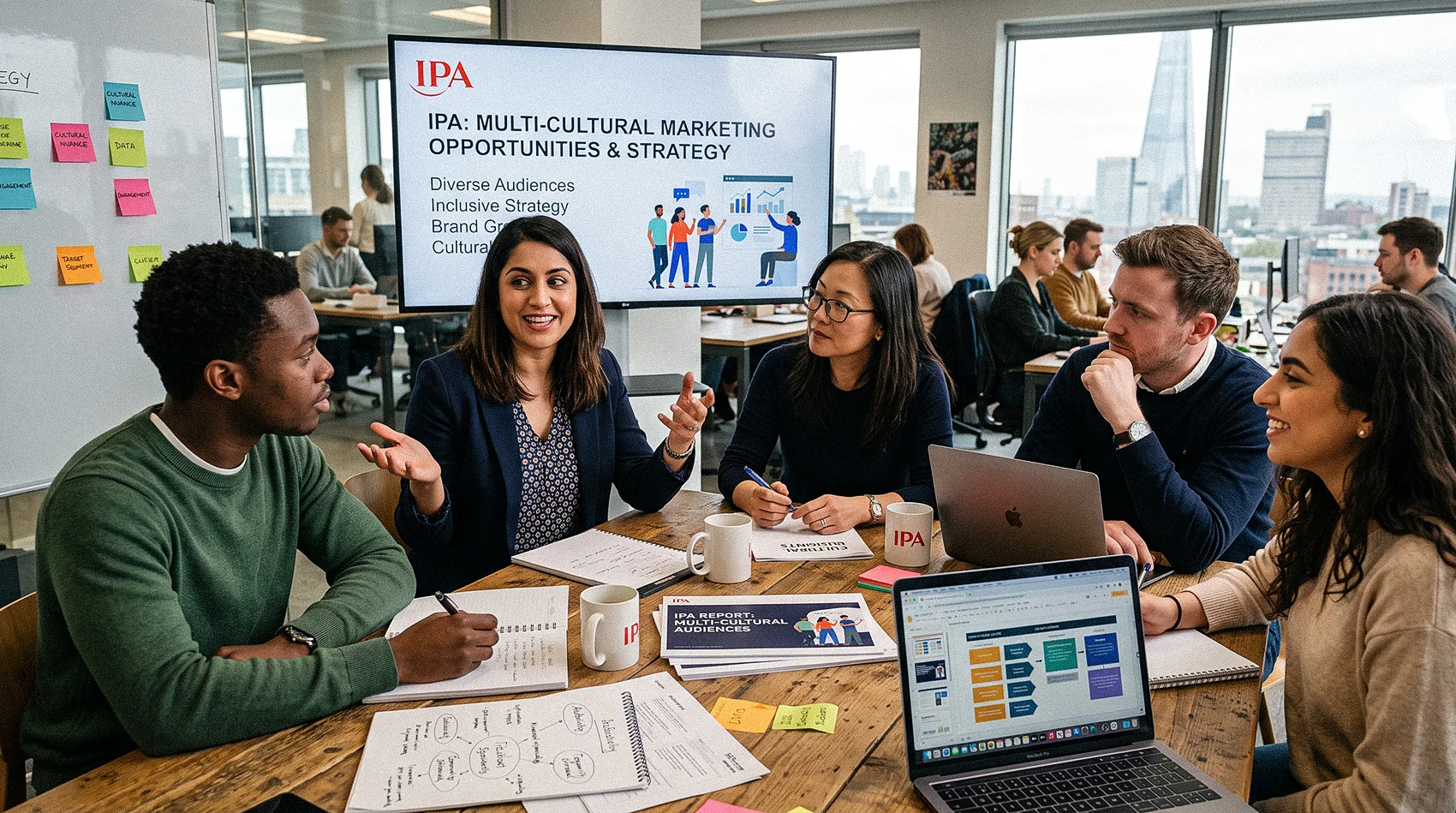 Diverse team meeting discussing IPA multi-cultural marketing opportunities strategy presentation in London office