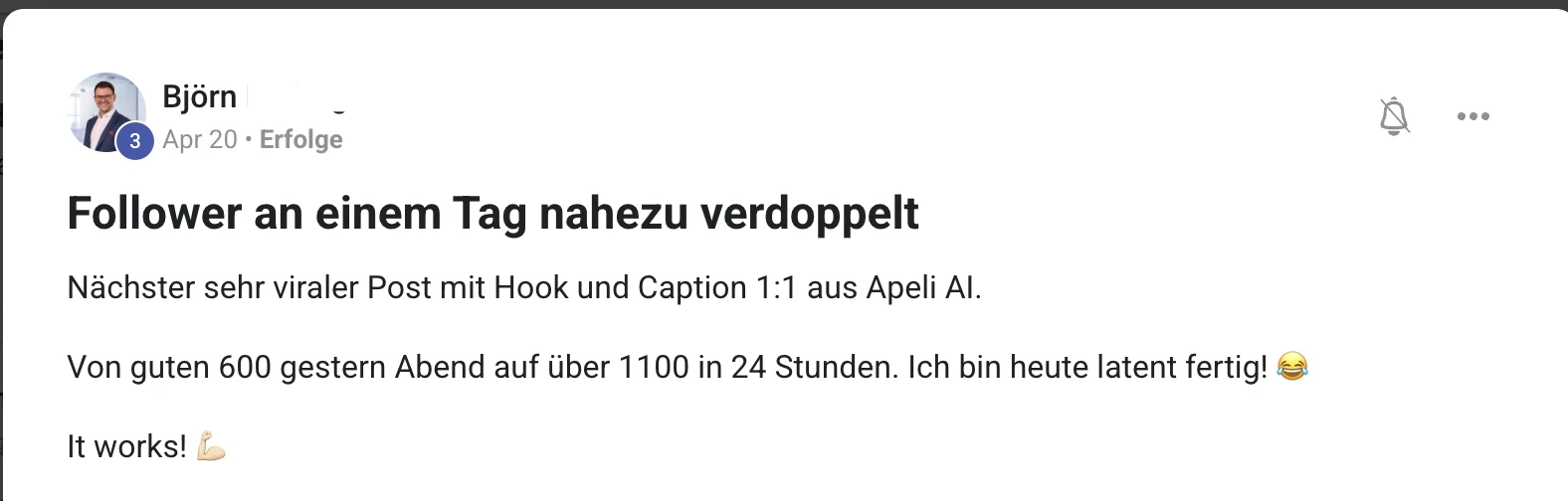 Erfahrungsbericht KI Creator Akademie: Björn verdoppelt mit Apeli AI seine Follower in 24 Stunden