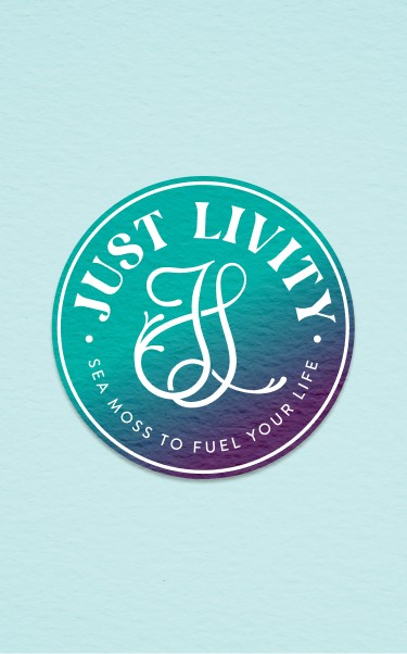 Just Livity circular logo in teal and purple gradient with decorative script letter J and tagline “Sea Moss to Fuel Your Life.”