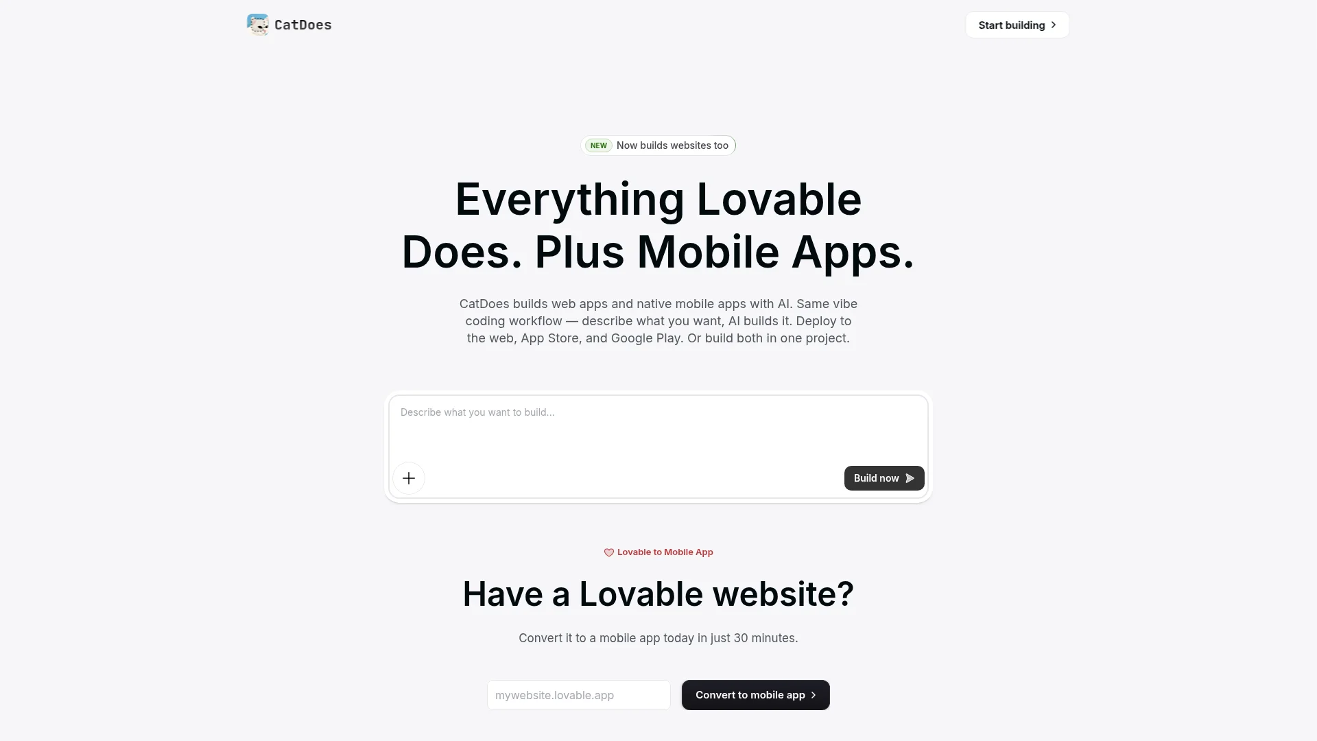 CatDoes Lovable import page with a field to paste a Lovable website URL