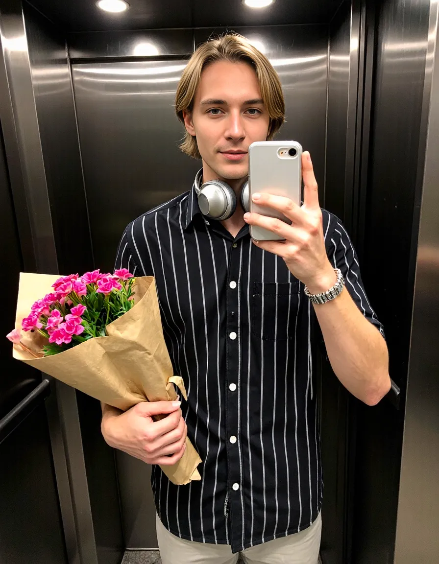 Stylish elevator mirror selfie featuring a striped shirt, silver headphones, and a bouquet of pink flowers, demonstrating authentic fashion content