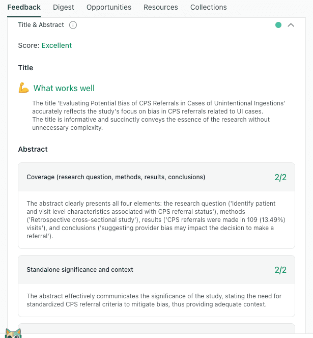 thesify interface showing an excellent rating for an abstract that clearly covers research questions, methods, and results.
