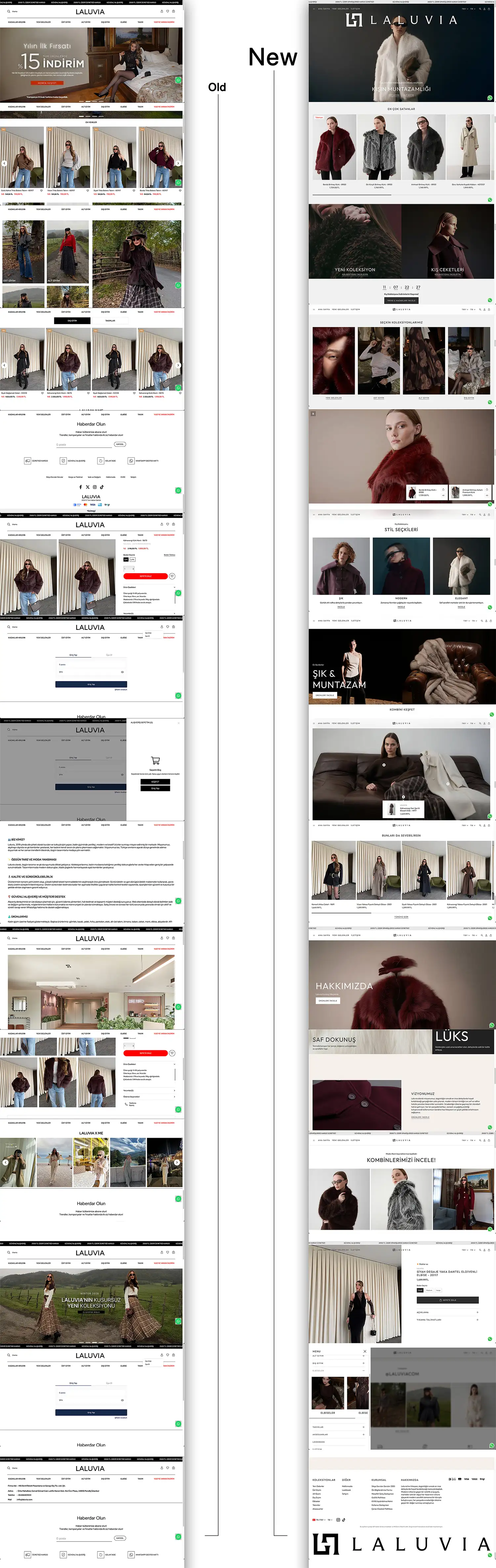 Comprehensive vertical comparison of the old and new Laluvia website designs highlighting improvements in UI layout and visual hierarchy.