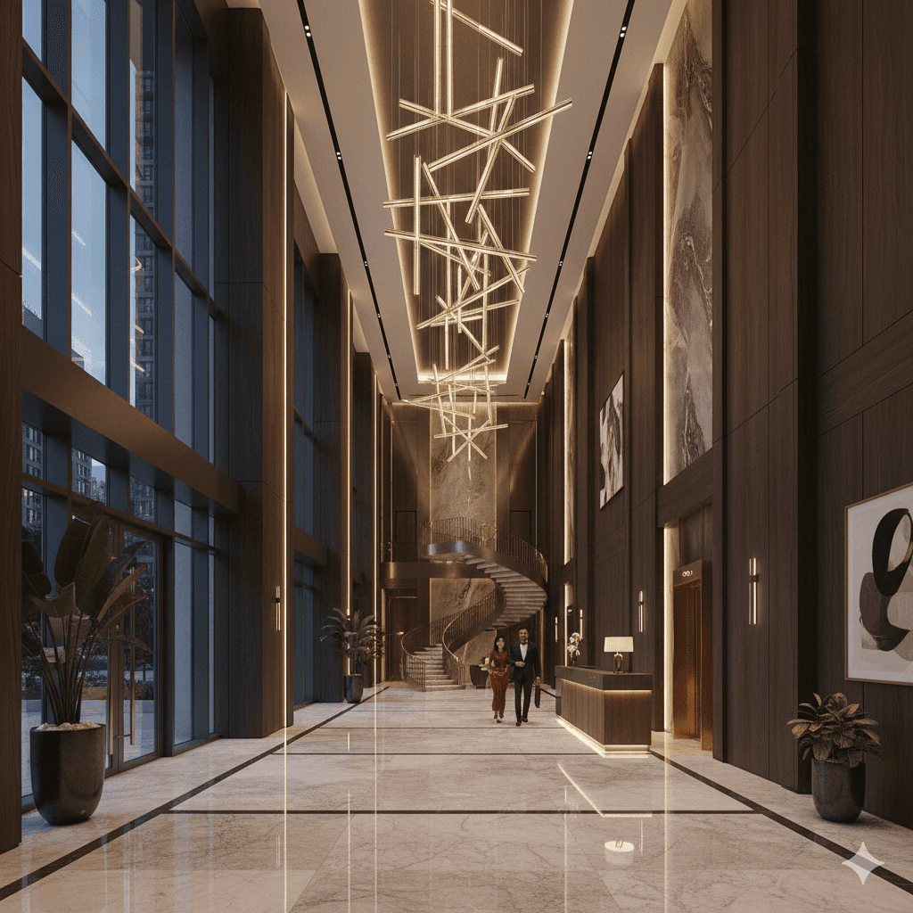 Double-height grand entrance lobby of premium apartments near Golf Course Road Extension