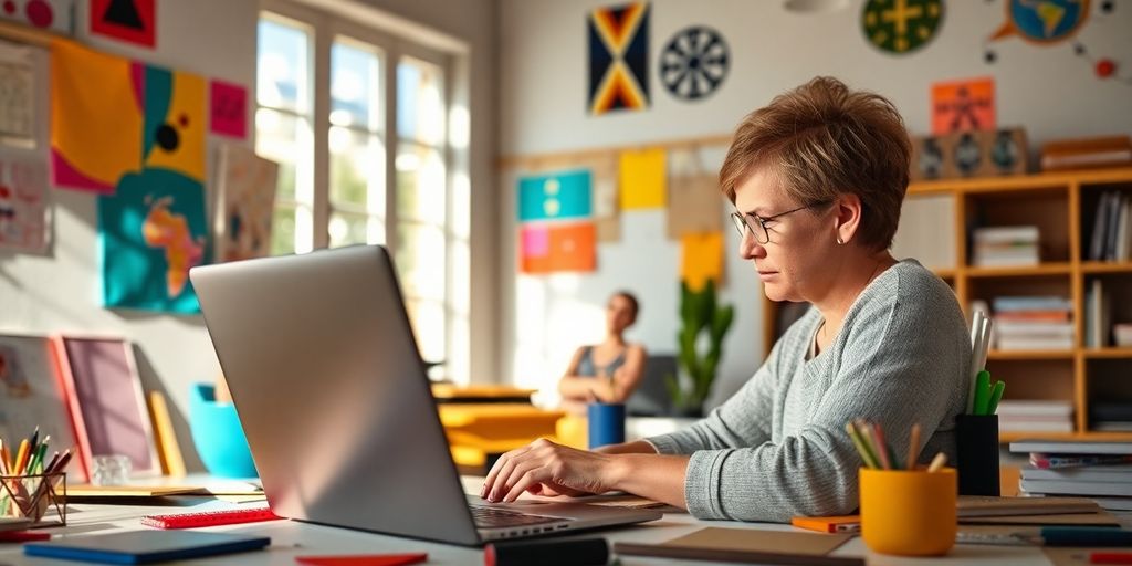 Person working on a laptop in a bright workspace.