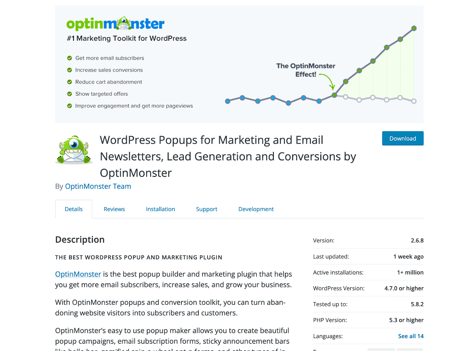 a snapshot of the WordPress Popups for Marketing by OptinMonster plugin
