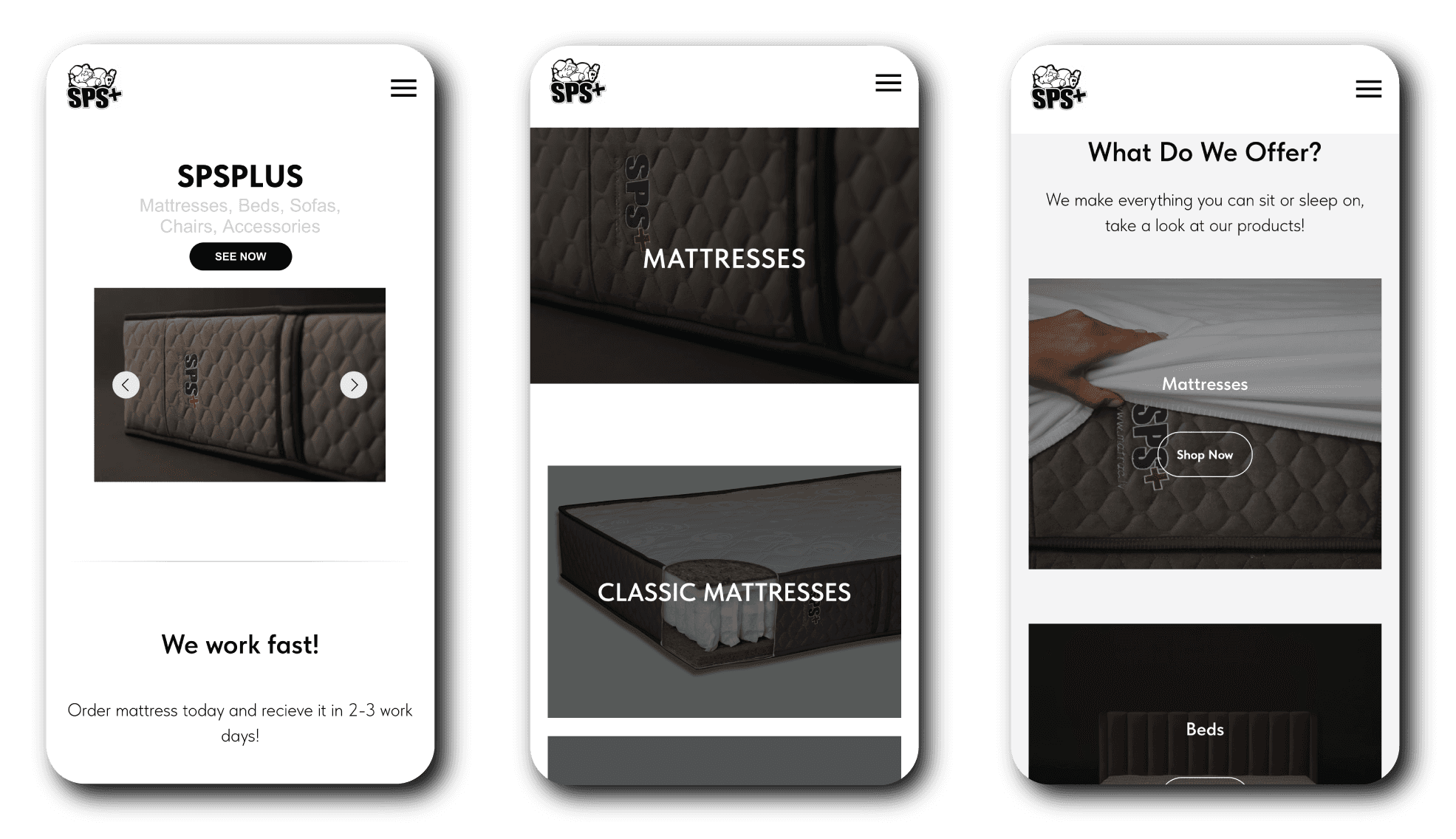 SPS Plus ecommerce website mobile responsive design showing mattress categories and product pages