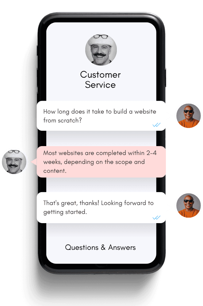 Cellphone screen showing real-time client support chat — Christoffel web design direct communication