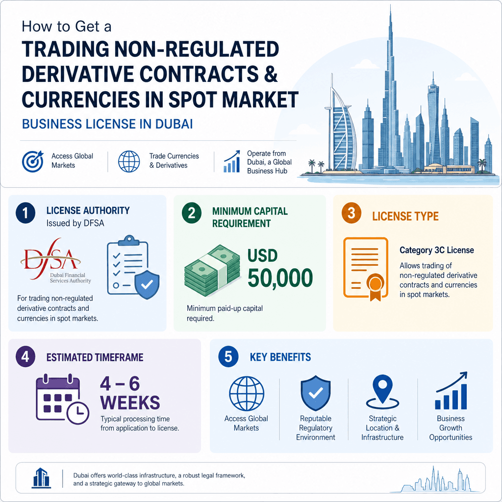 Infographic: How to Get a Trading Non-regulated Derivative Contracts & Currencies in Spot Market Business License in Dubai