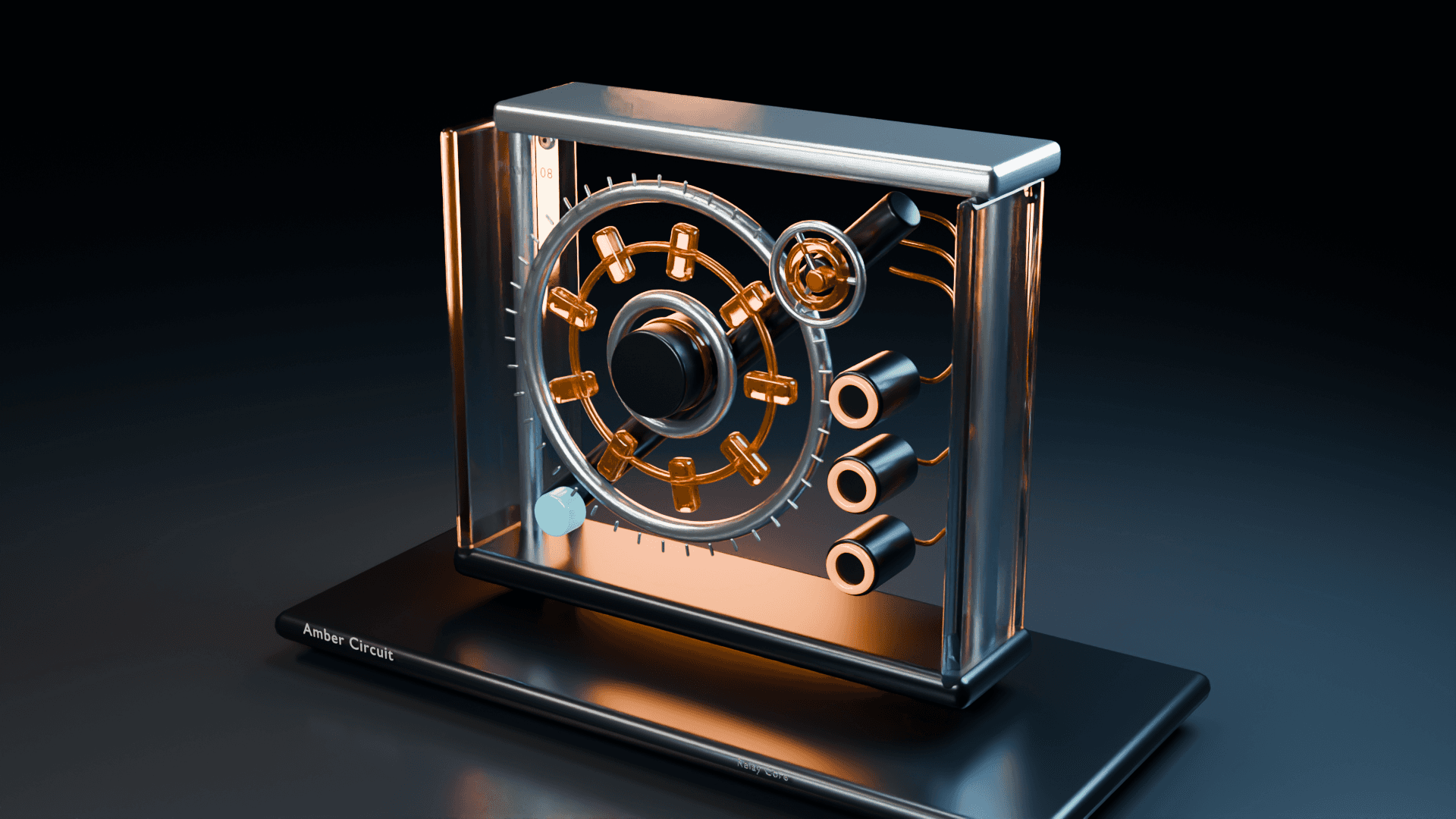 Original Relay Core instrument with a transparent shell, precision silver structure and amber signal elements