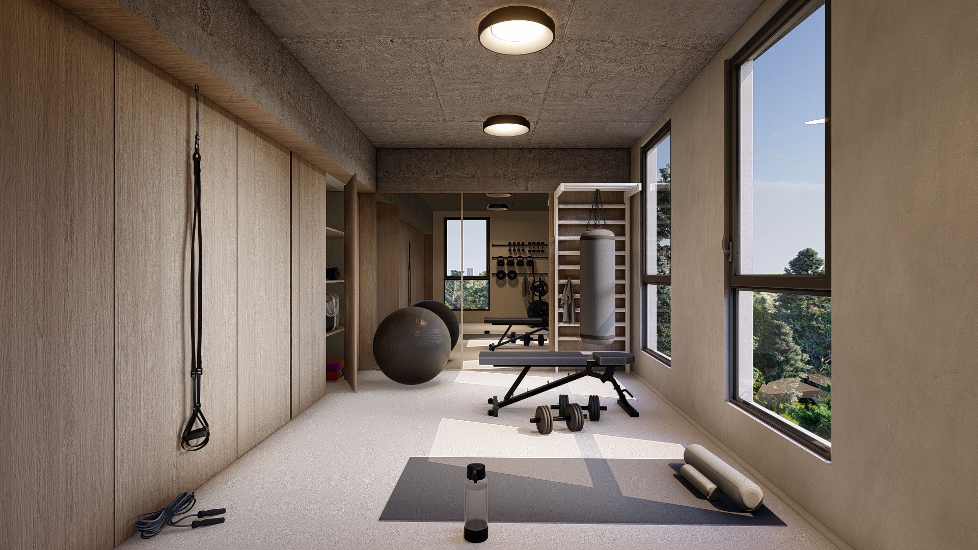 Gimnasio completamente equipado con vista verde en edificio en Núñez