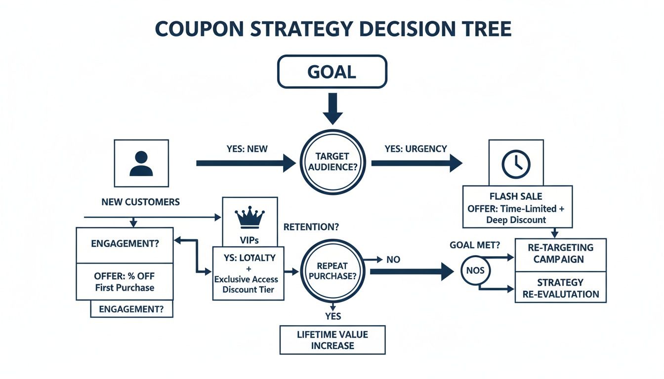 Flowchart illustrating a coupon strategy decision tree for new customers, urgency, and retention.