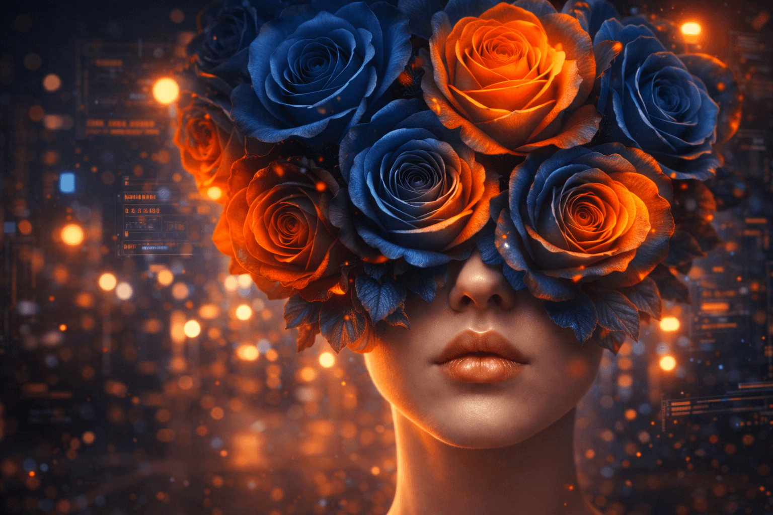 This digital artwork features a person with vibrant blue and orange roses obscuring their eyes, set against a backdrop of glowing digital elements, highlighting creativity and graphic design by Optima Quality Solutions.