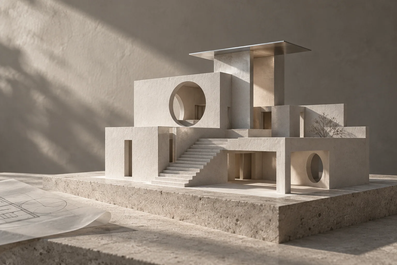 White plaster architectural model with stepped volumes and an aluminium plane