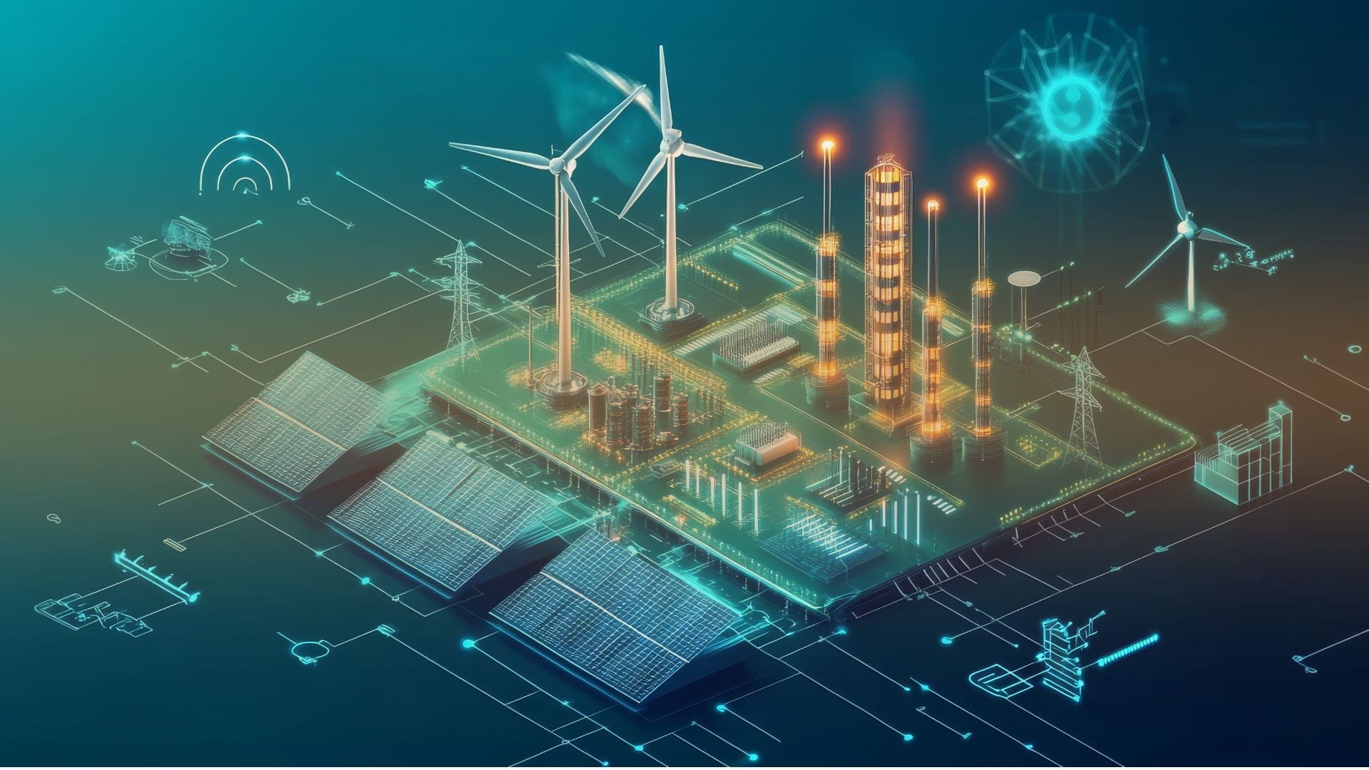Illustration of a sustainable energy infrastructure with solar panels, wind turbines, and futuristic technology.