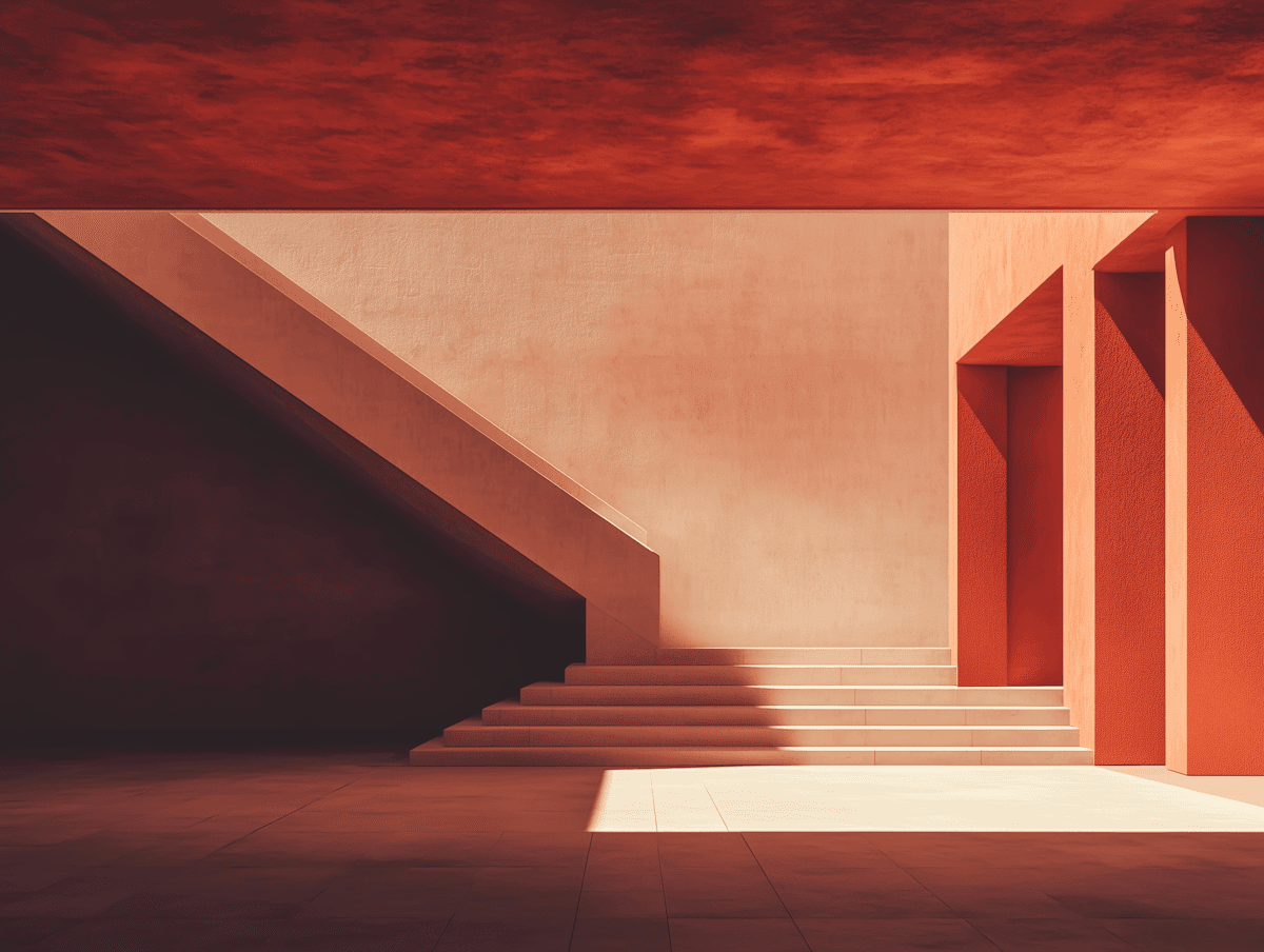 Minimalist terracotta architecture with stairs and sharp geometric shadows cast by warm sunlight.