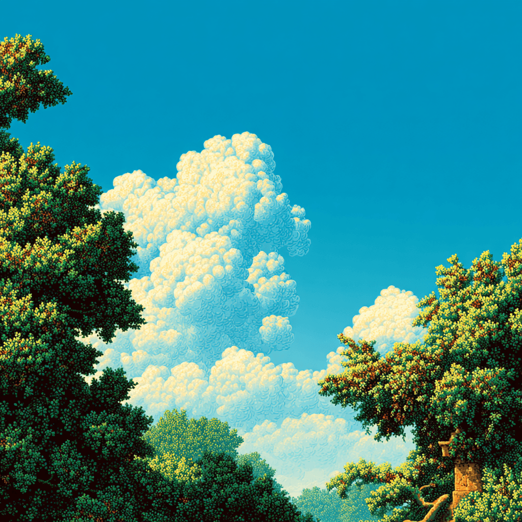 Illustration en pixel art montrant la cime d'arbres verdoyants encadrant un ciel bleu vif rempli de grands nuages blancs moutonneux.