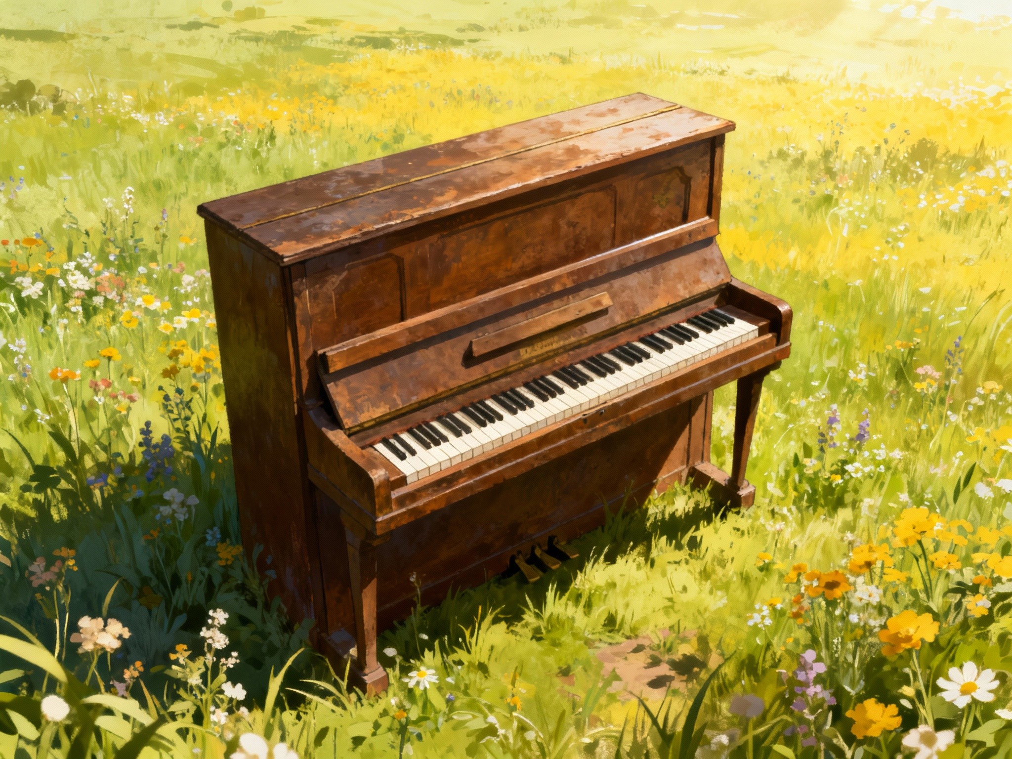An outdoor daytime scene captured in a composition showing a solitary upright piano on a sunlit