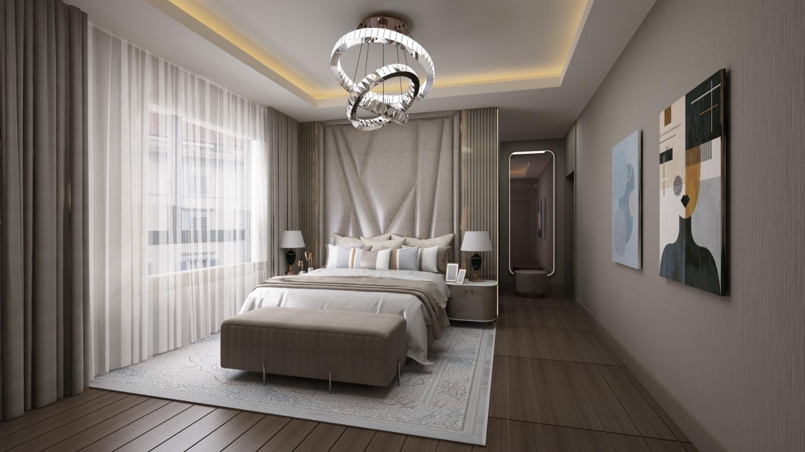 Minimal modern bedroom with a wood bed, white bedding, bedside lamps, and a green landscape view.