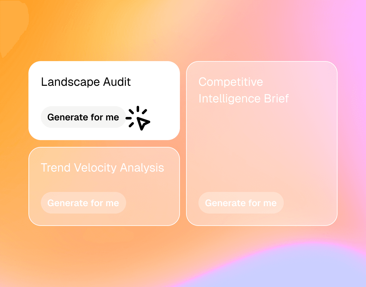 Software interface element showing a bento of information cards floating over a soft purple and white gradient background