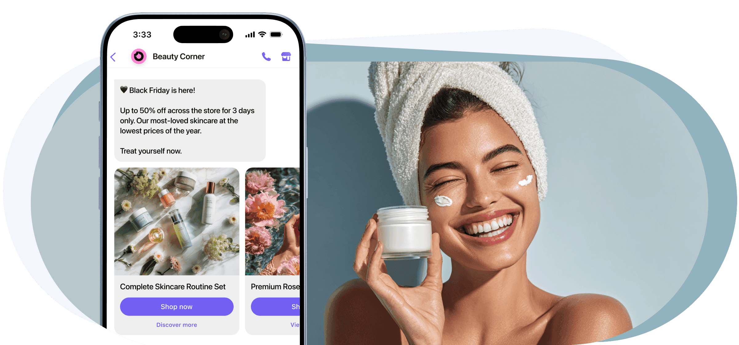 Woman posing with skincare routine. Looking happy and confident with her smartphone screen, which depicts a personalized Viber message related to fashion and apparel product (desktop view)