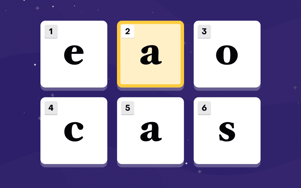 Talamo test screen, Letter Pattern Matching (Letters): six letter tiles, e a o c a s, with one of the matching a’s selected.