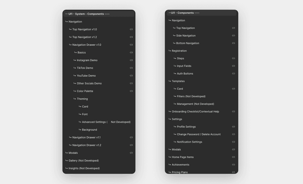 Two dark-themed panels showing a well-structured UI kit component hierarchy for a core product. It includes organized sections such as Navigation, Registration, Templates, Theming, and Settings, with indicators for versioning and development status.